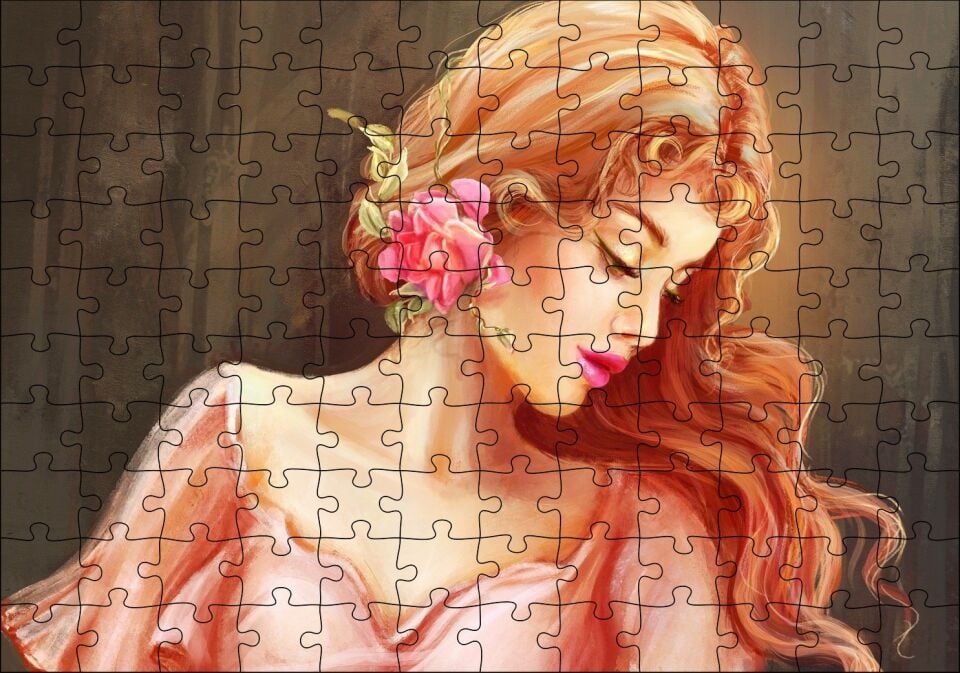 Pembe Çiçekli Bakır Saçlı Kadın Puzzle Yapboz MDF Ahşap