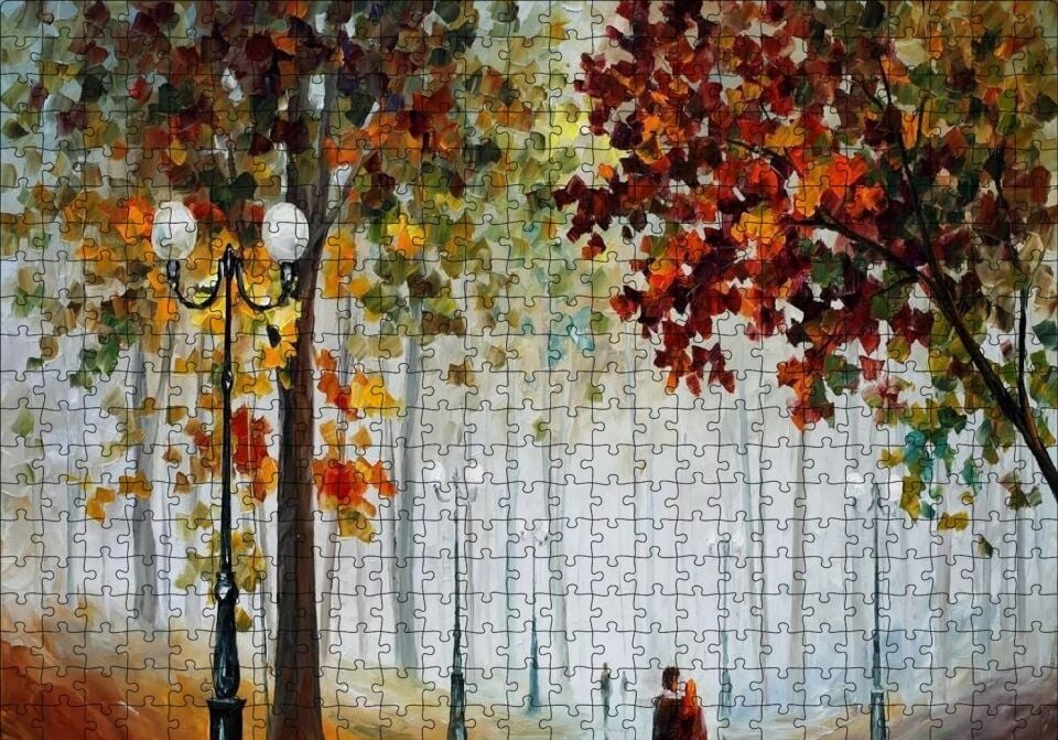 Sonbahar Ağaçlar ve Yürüyen Çiftler Yağlı Boya Puzzle Yapboz MDF Ahşap 500 Parça 49 cm X 68 cm