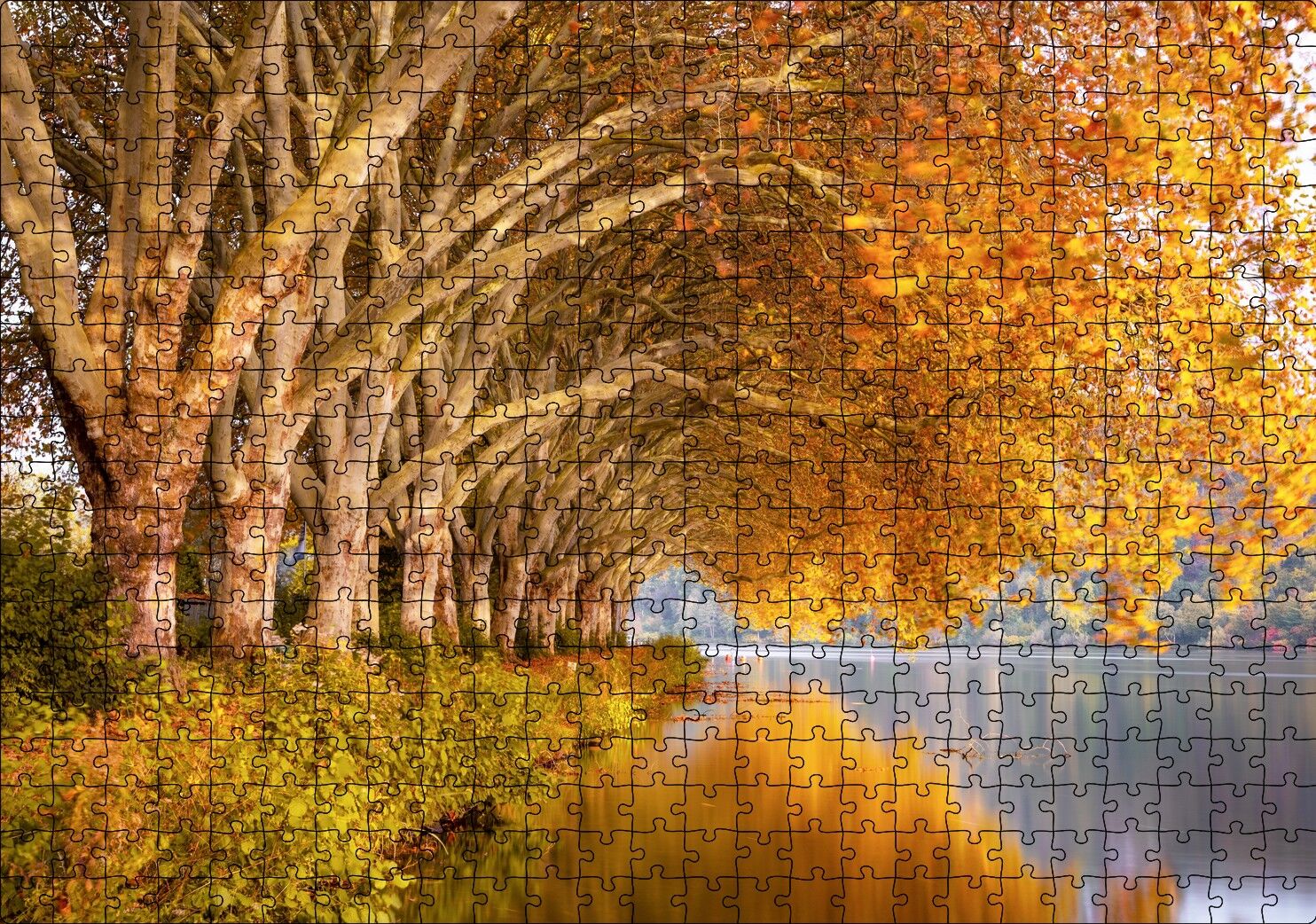Sonbahar Rengi Ağaçlar ve Durgun Göl Puzzle Yapboz MDF Ahşap 500 Parça 49 cm X 68 cm