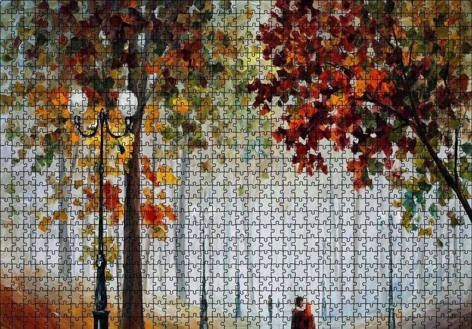 Sonbahar Ağaçlar ve Yürüyen Çiftler Yağlı Boya Puzzle Yapboz MDF Ahşap 1000 Parça 49 cm X 68 cm