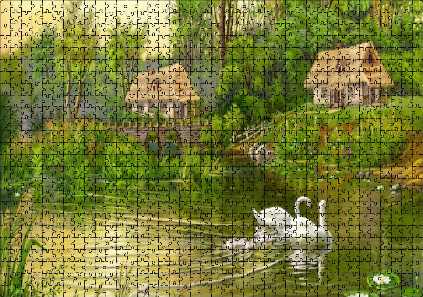 Göl Manzaralı Kulübeler ve Kuğu Çiftiyle Yavruları Puzzle Yapboz MDF Ahşap 1000 Parça 49 cm X 68 cm