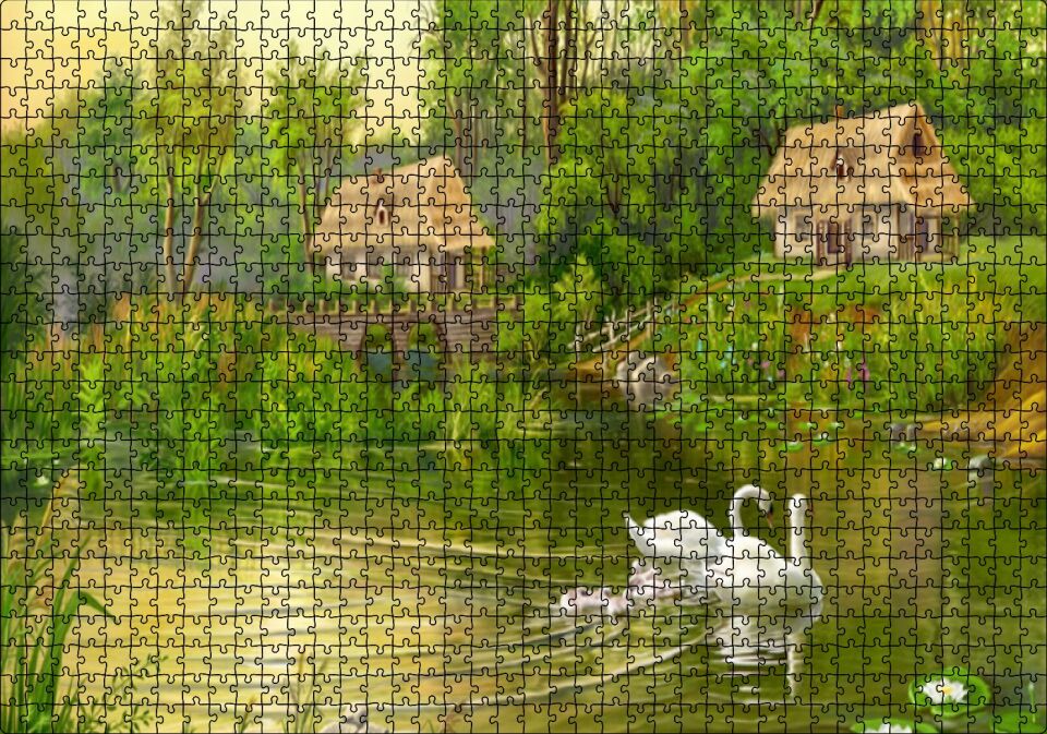 Göl Manzaralı Kulübeler ve Kuğu Çiftiyle Yavruları Puzzle Yapboz MDF Ahşap 1000 Parça 49 cm X 68 cm