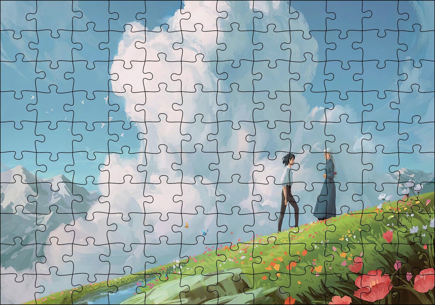 Howls Moving Castle Aşıklar Çiçekler Bulut Görseli Puzzle Yapboz MDF Ahşap