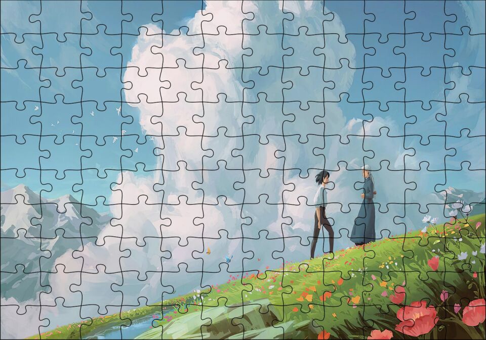 Howls Moving Castle Aşıklar Çiçekler Bulut Görseli Puzzle Yapboz MDF Ahşap