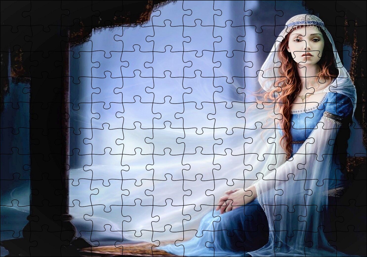 Mavi Elbiseli Kadın ve Sütunlar Puzzle Yapboz MDF Ahşap 120 Parça 24 cm X 34 cm