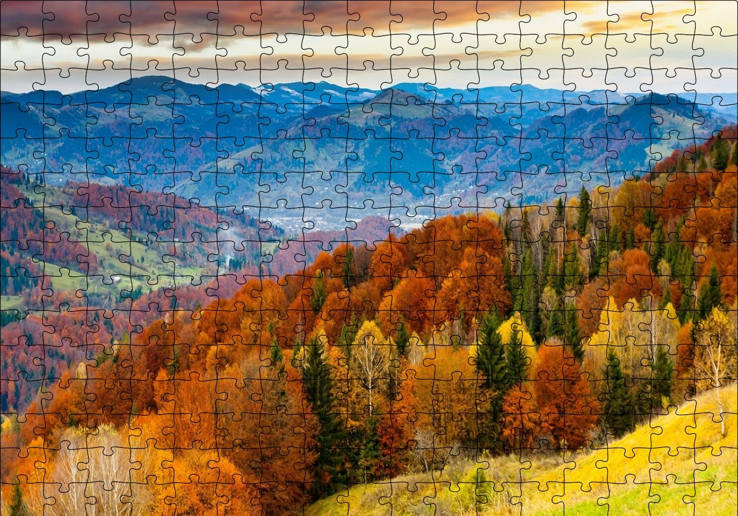 Sonbahar Renklerinde Orman ve Dağlar Puzzle Yapboz MDF Ahşap 255 Parça 34 cm X 49 cm
