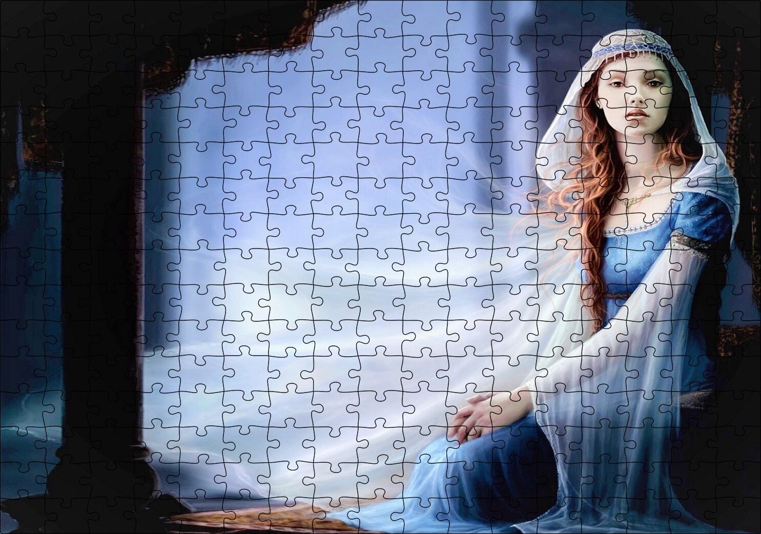 Mavi Elbiseli Kadın ve Sütunlar Puzzle Yapboz MDF Ahşap 255 Parça 34 cm X 49 cm