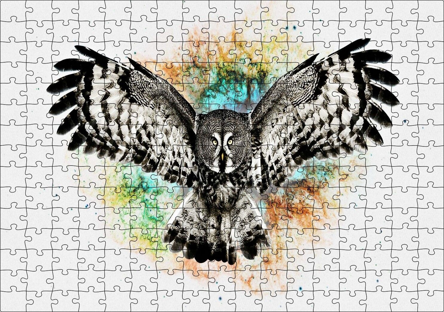 Siyah Beyaz Baykuş Animasyonu Görseli Puzzle Yapboz MDF Ahşap 255 Parça 34 cm X 49 cm