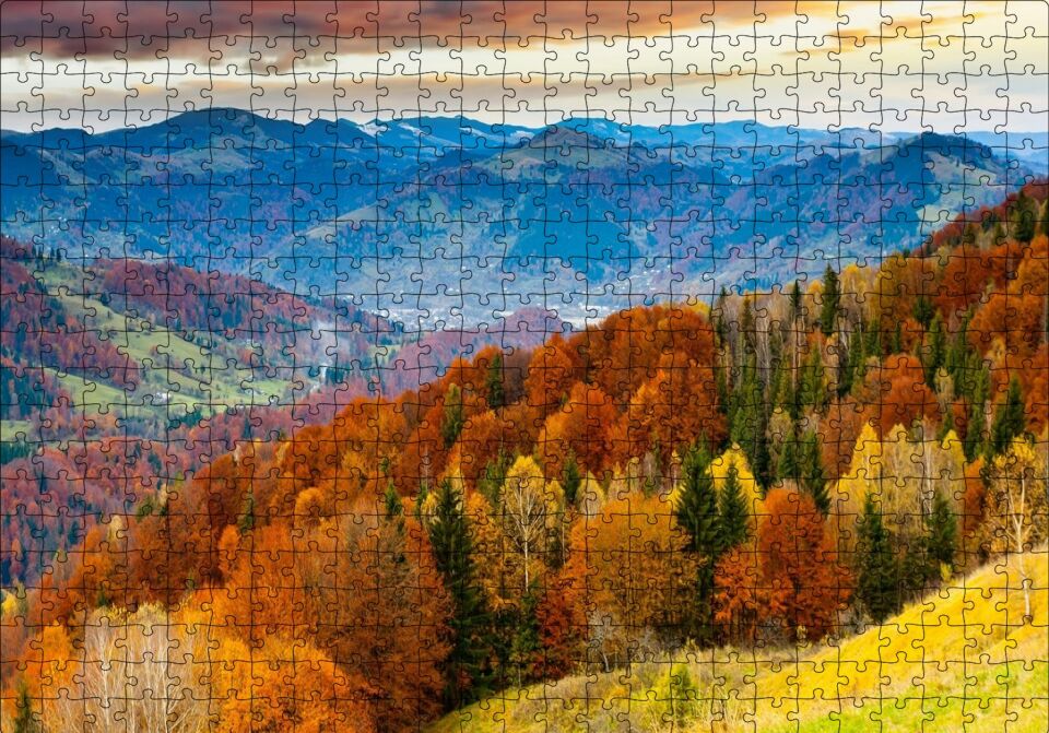 Sonbahar Renklerinde Orman ve Dağlar Puzzle Yapboz MDF Ahşap 500 Parça 49 cm X 68 cm