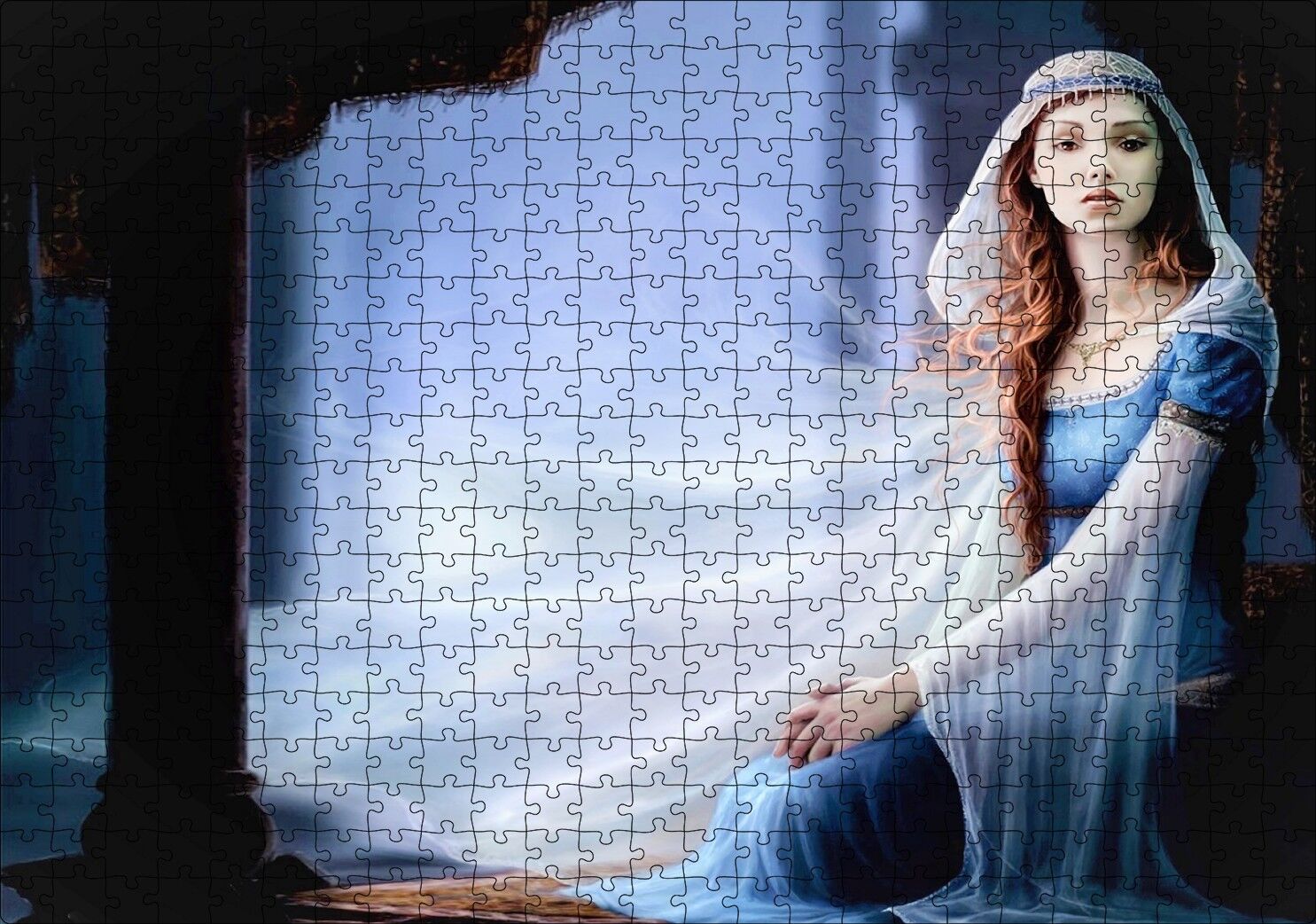 Mavi Elbiseli Kadın ve Sütunlar Puzzle Yapboz MDF Ahşap 500 Parça 49 cm X 68 cm