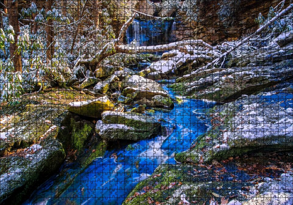 Ormandaki Şelale ve Kayalıklar Puzzle Yapboz MDF Ahşap 1000 Parça 49 cm X 68 cm