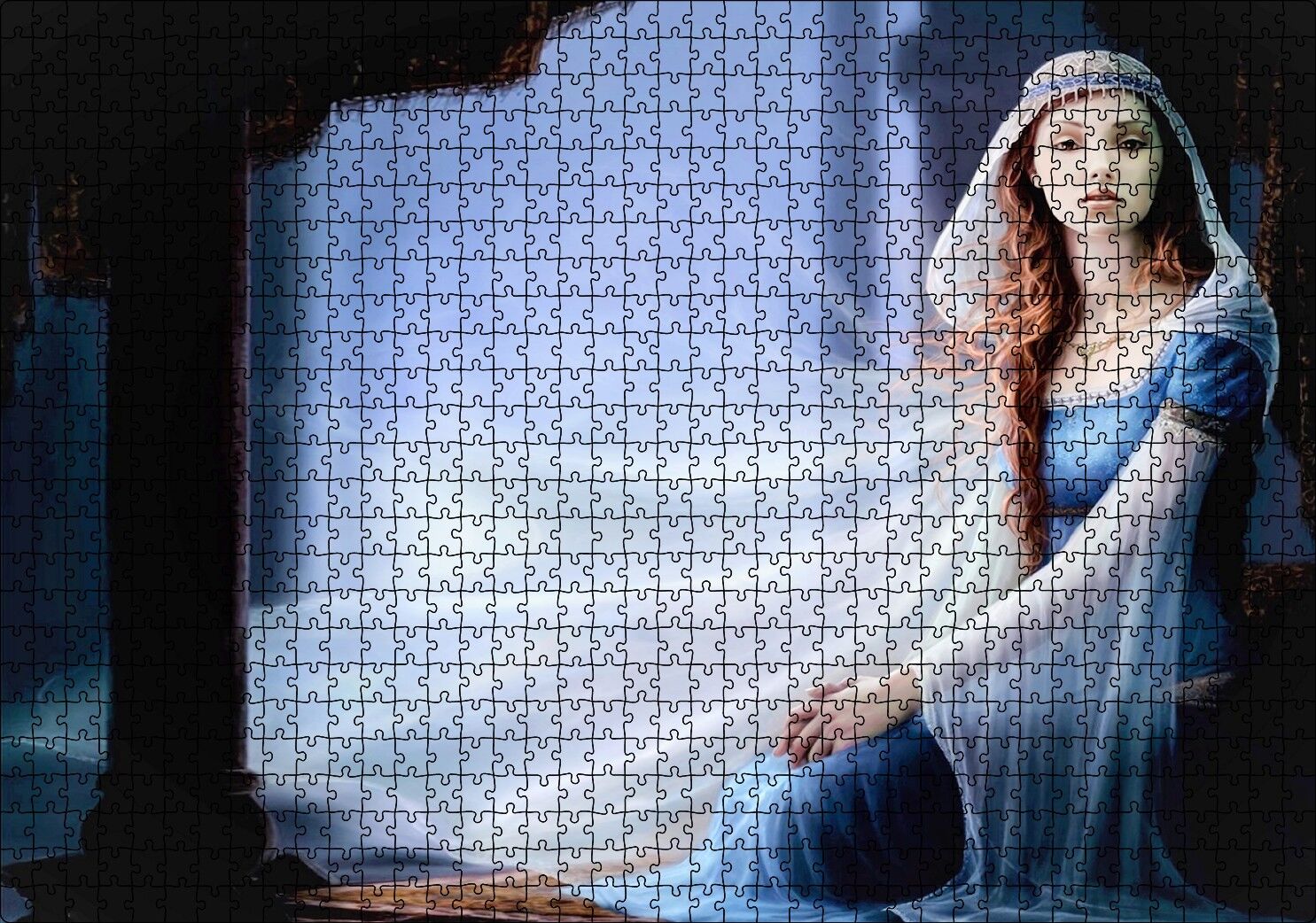 Mavi Elbiseli Kadın ve Sütunlar Puzzle Yapboz MDF Ahşap 1000 Parça 49 cm X 68 cm