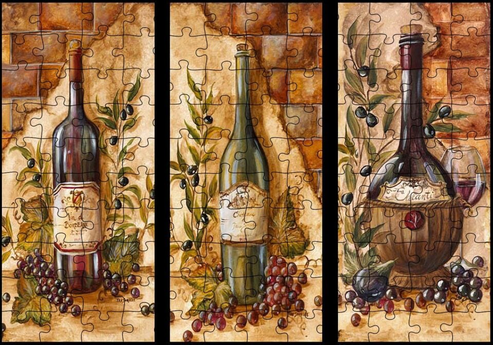 Üç Çeşit Şarap Şişesi Üzüm Görseli Puzzle Yapboz MDF Ahşap 120 Parça 24 cm X 34 cm