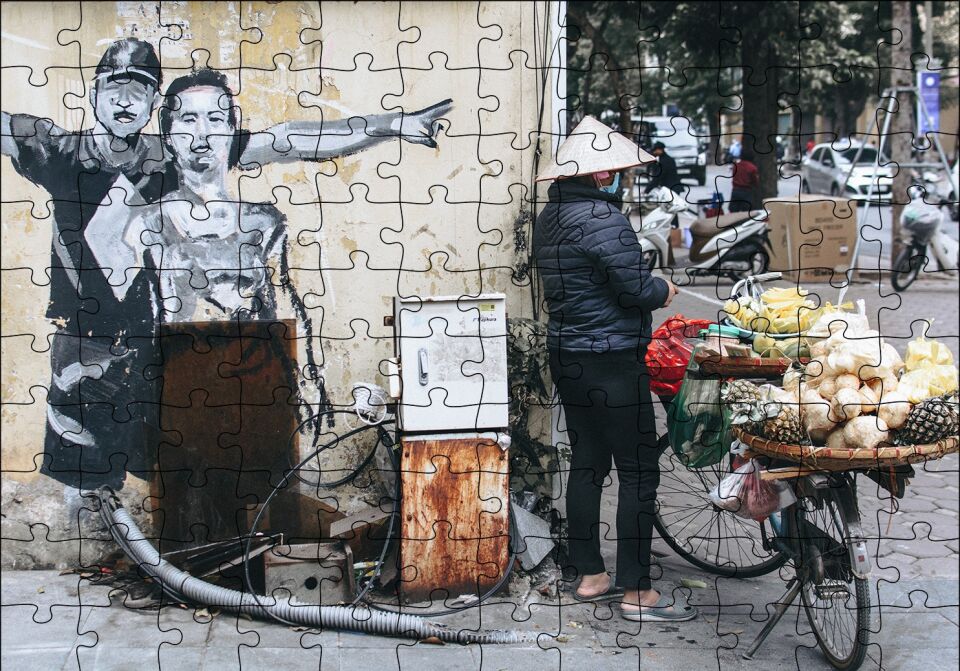 Duvar Boyama Adamlar ve Bisikletli Satıcı Puzzle Yapboz MDF Ahşap