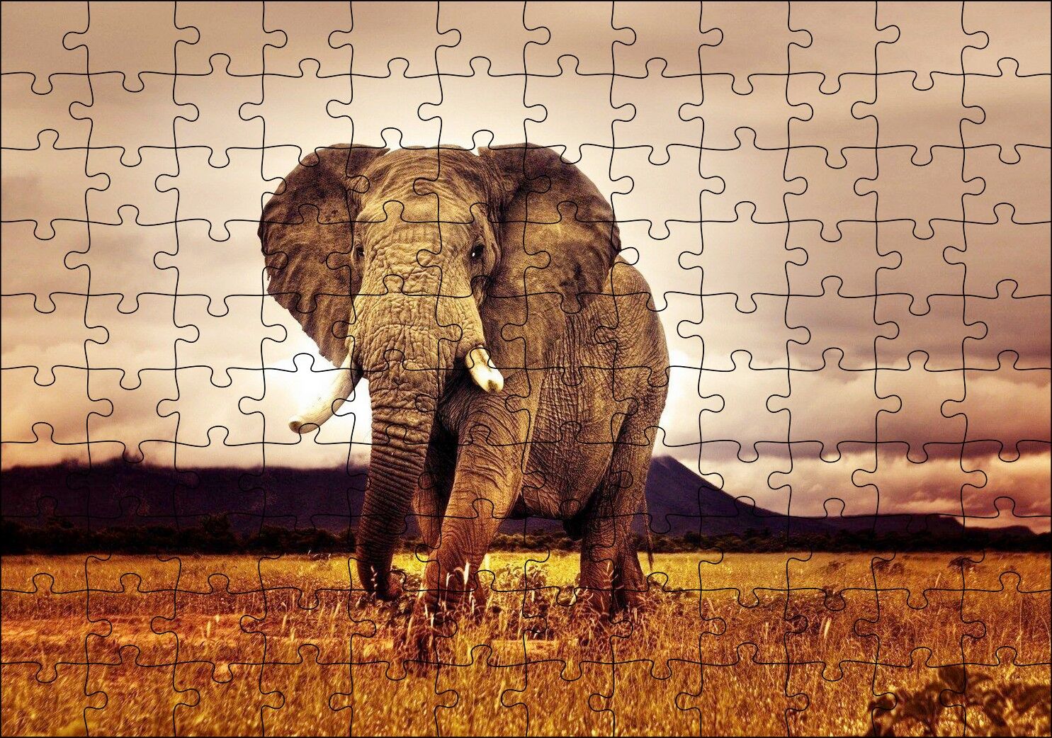 Savana'da Günbatımı ve Erkek Fil Puzzle Yapboz MDF Ahşap