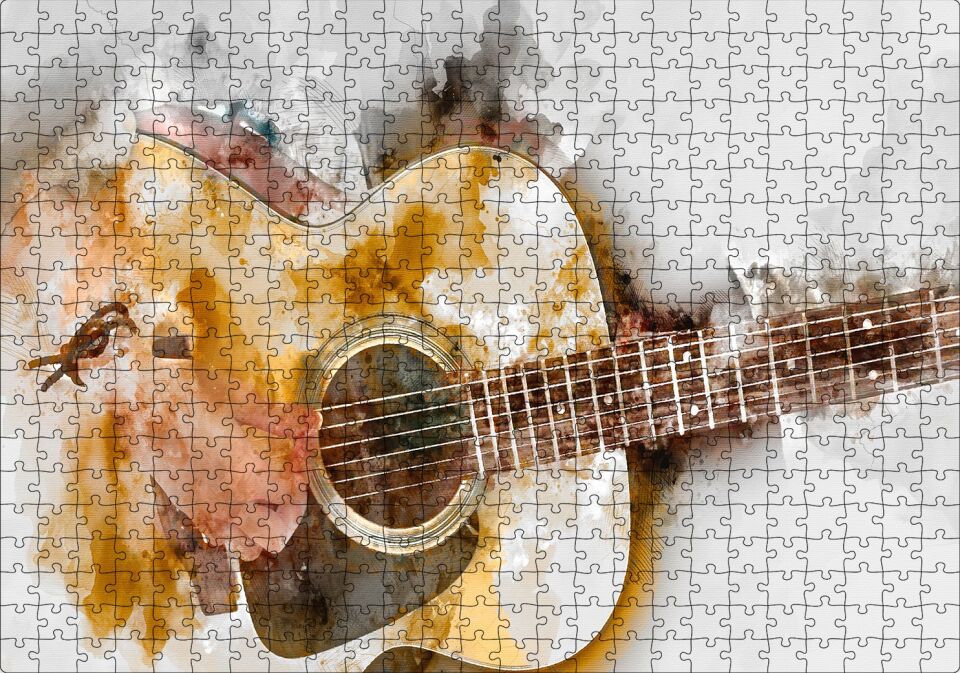 Akustik Gitar Sulu Boya Efektli Puzzle Yapboz MDF Ahşap 500 Parça 49 cm X 68 cm