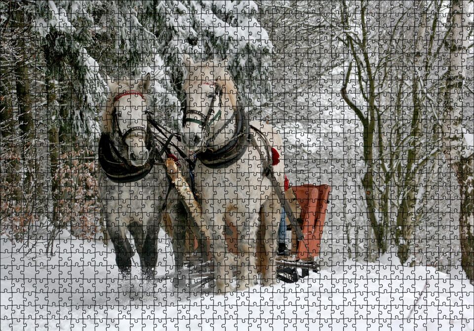 Karda Kızak Çeken Bir Çift At Puzzle Yapboz MDF Ahşap 1000 Parça 49 cm X 68 cm