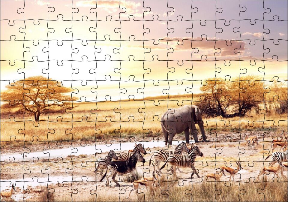 Savanada Su Kenarındaki Hayvanlar Puzzle Yapboz MDF Ahşap