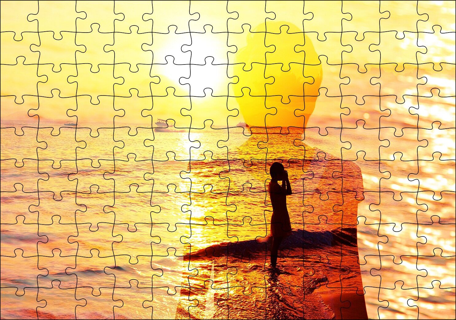 Altın Rengi Güneş Okyanus ve Sahildeki Kız Puzzle Yapboz MDF Ahşap 120 Parça 24 cm X 34 cm