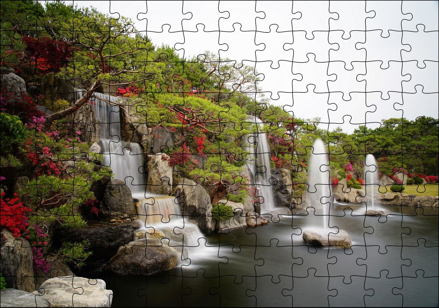 Şelale Fıskiyeler Ağaçlar ve Açelyalar Puzzle Yapboz MDF Ahşap 120 Parça 24 cm X 34 cm