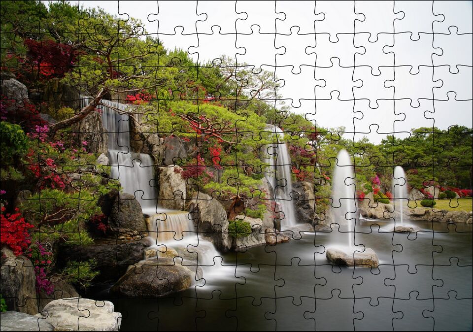 Şelale Fıskiyeler Ağaçlar ve Açelyalar Puzzle Yapboz MDF Ahşap 120 Parça 24 cm X 34 cm