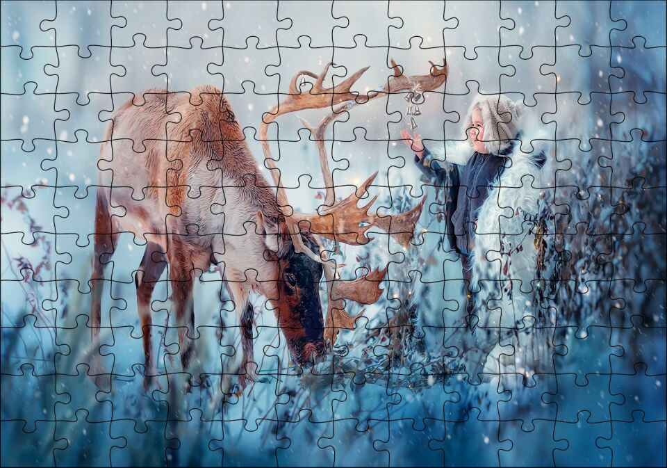 Karda Bir Çocukla Ren Geyiği Görseli Puzzle Yapboz MDF Ahşap