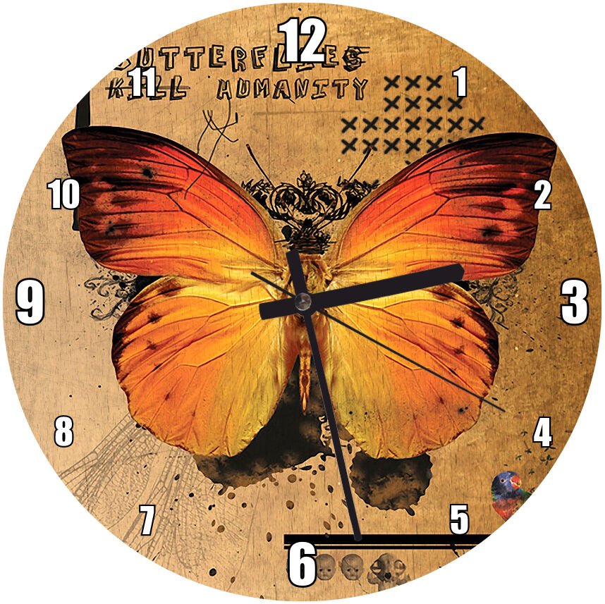 Afiş Üstünde Kelebek  Mdf Ahşap Duvar Saati