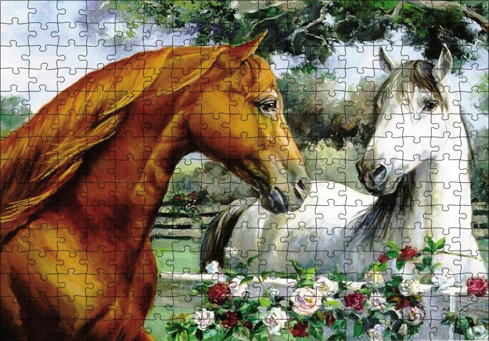 Kahve Beyz Renk Atlar Puzzle Yapboz MDF Ahşap 255 Parça 34 cm X 49 cm