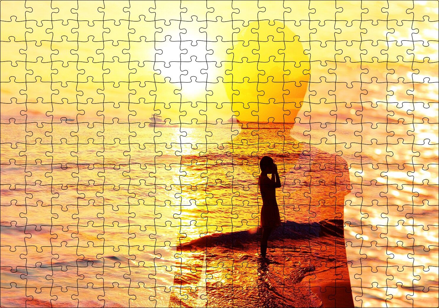 Altın Rengi Güneş Okyanus ve Sahildeki Kız Puzzle Yapboz MDF Ahşap 255 Parça 34 cm X 49 cm