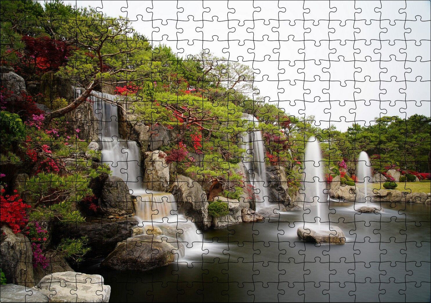 Şelale Fıskiyeler Ağaçlar ve Açelyalar Puzzle Yapboz MDF Ahşap 255 Parça 34 cm X 49 cm