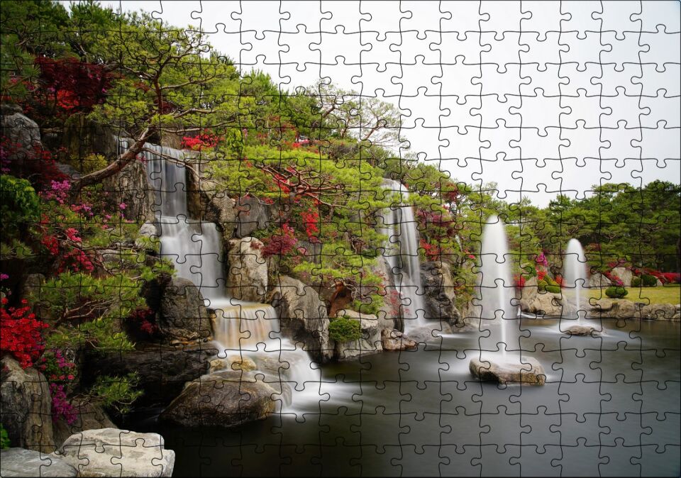 Şelale Fıskiyeler Ağaçlar ve Açelyalar Puzzle Yapboz MDF Ahşap 255 Parça 34 cm X 49 cm