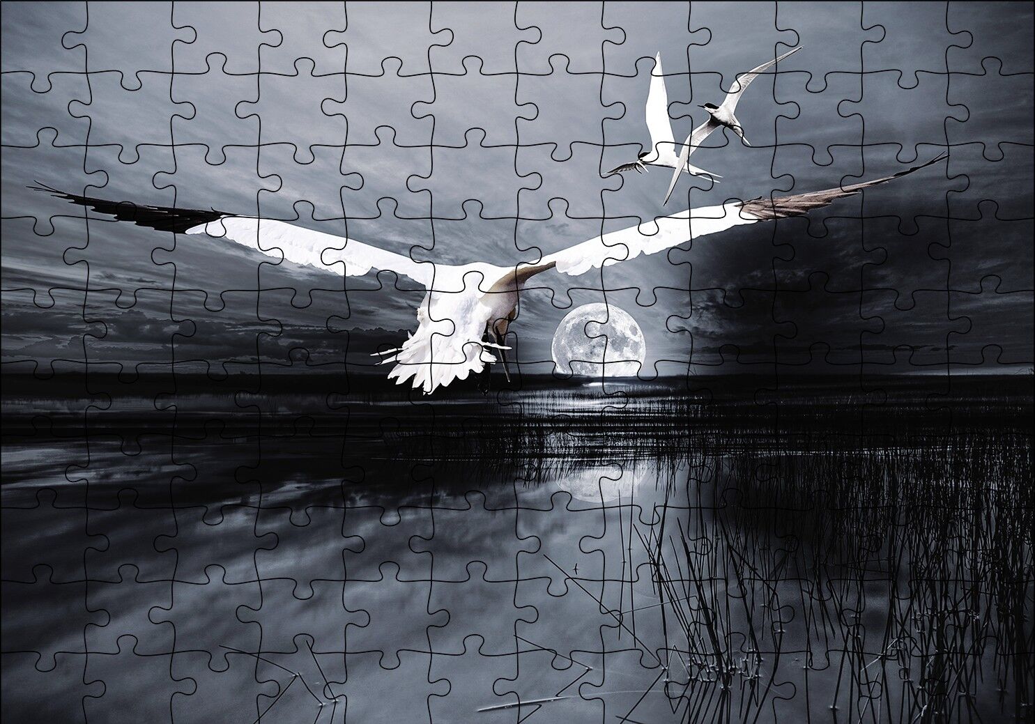 Gece Ay Göl Balıkçı Kuşları Puzzle Yapboz MDF Ahşap