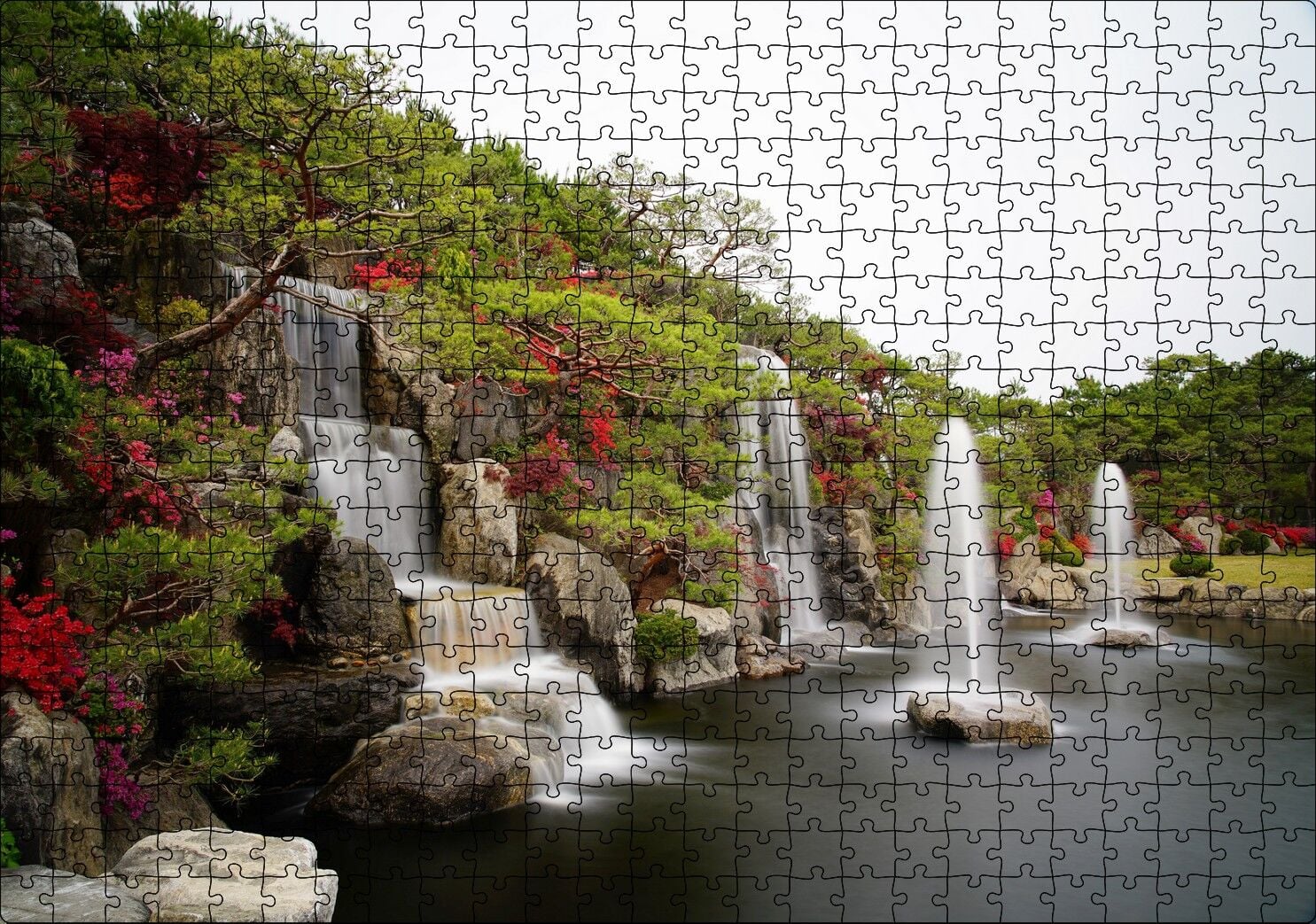 Şelale Fıskiyeler Ağaçlar ve Açelyalar Puzzle Yapboz MDF Ahşap 500 Parça 49 cm X 68 cm