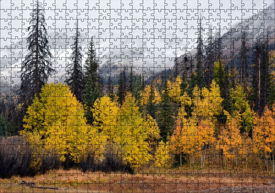 Sonbahar Rengi Ağaçlar ve Arkada Karlı Dağlar Puzzle Yapboz MDF Ahşap 500 Parça 49 cm X 68 cm