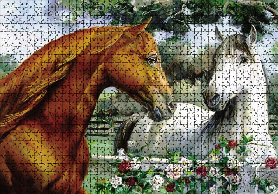 Kahve Beyz Renk Atlar Puzzle Yapboz MDF Ahşap 1000 Parça 49 cm X 68 cm