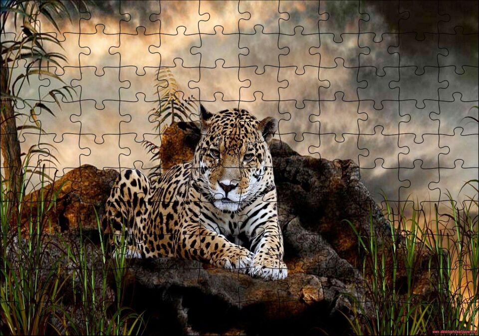 Kayalıklarda Jaguar Kara Bulutlar Görseli Puzzle Yapboz MDF Ahşap