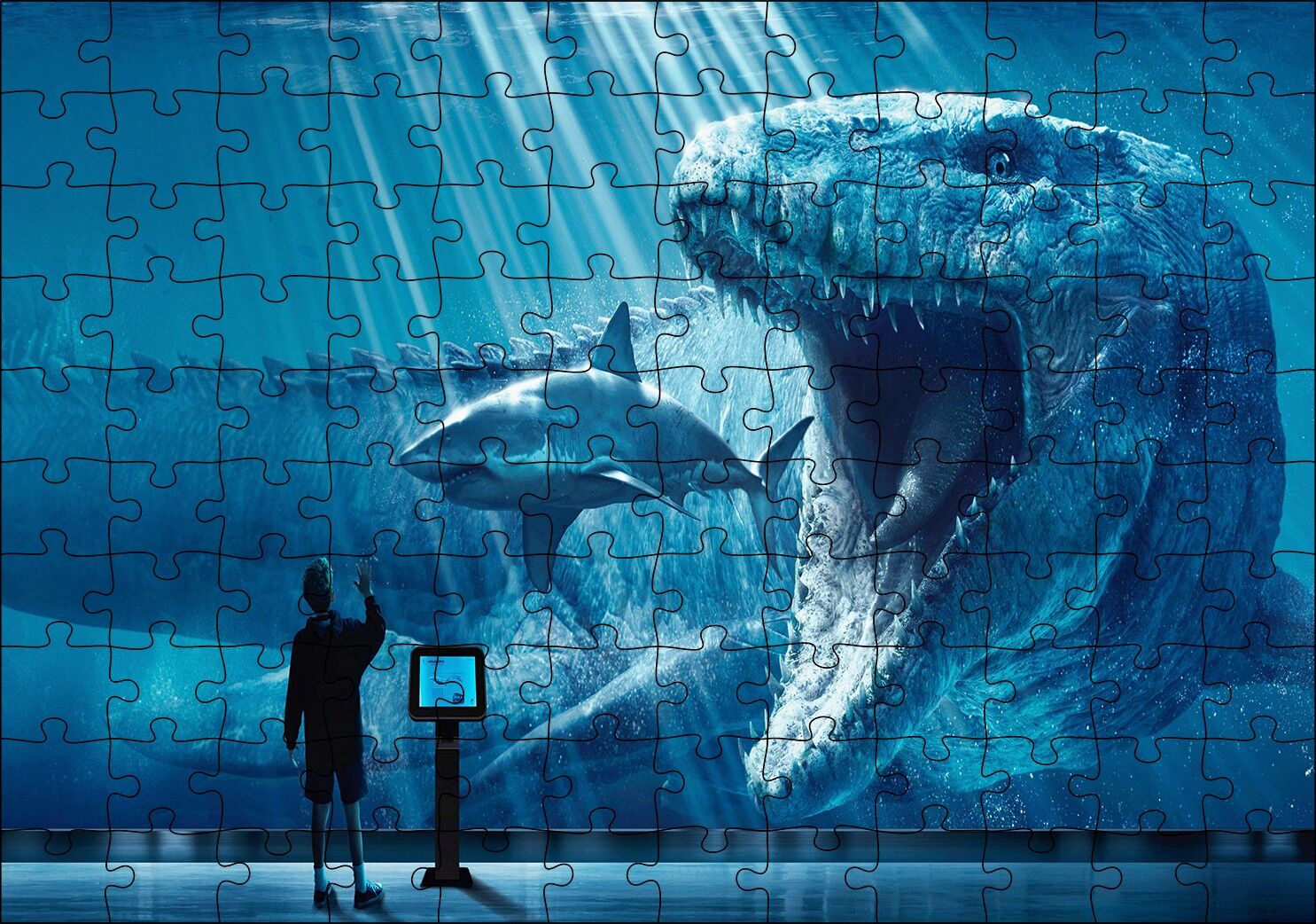 Megalodon Büyük Beyaz Köpek Balığı ve İnsan Puzzle Yapboz MDF Ahşap 120 Parça 24 cm X 34 cm