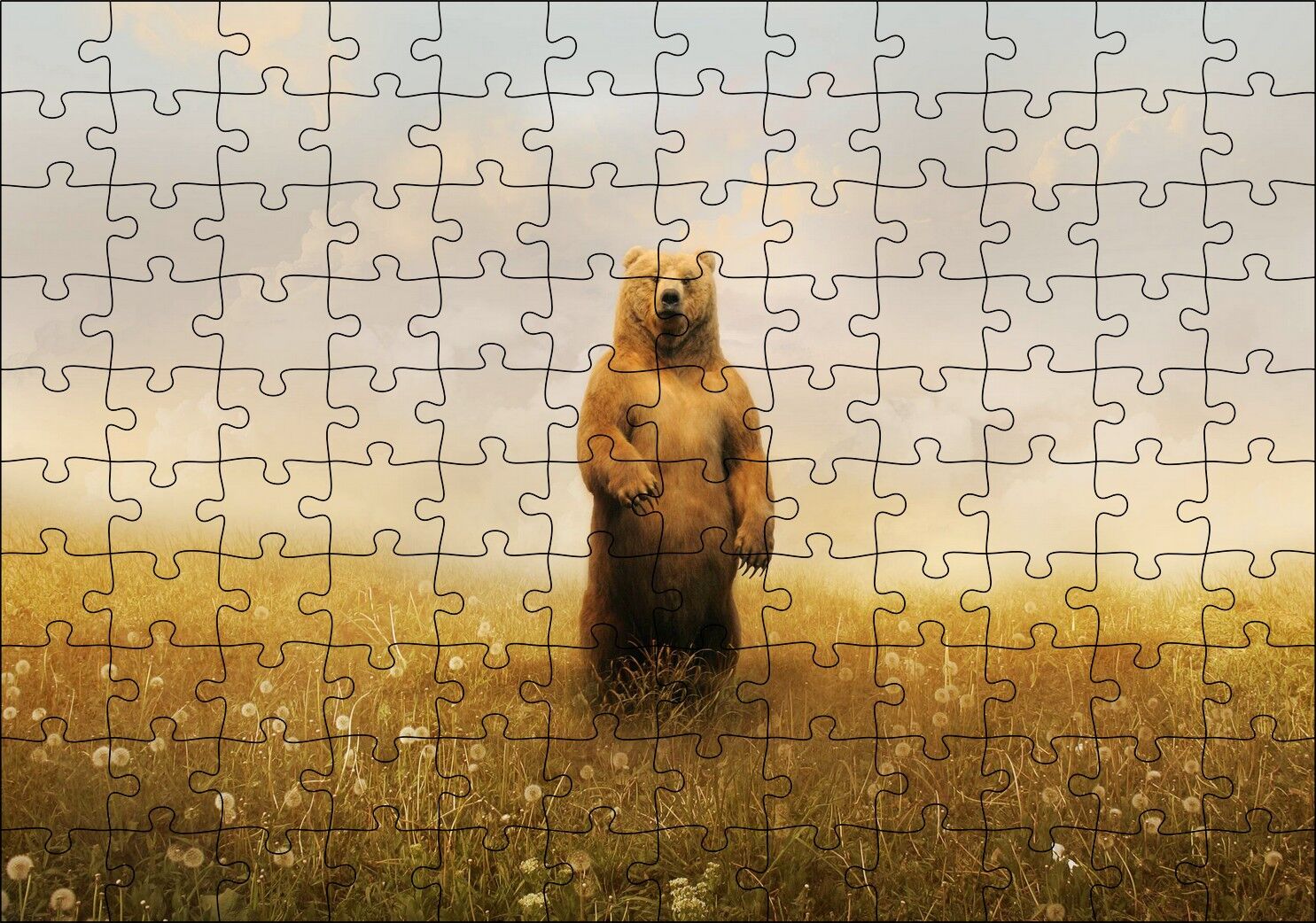 Sisli Çayırda Ayakta Duran Boz Ayı Puzzle Yapboz MDF Ahşap