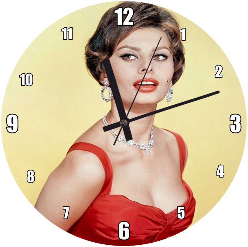 Sophia Loren Kırmızı Elbiseli Mdf Ahşap Duvar Saati 30 cm Çap