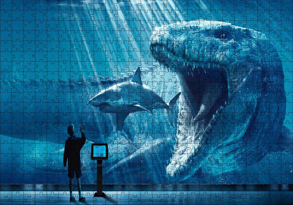 Megalodon Büyük Beyaz Köpek Balığı ve İnsan Puzzle Yapboz MDF Ahşap 500 Parça 49 cm X 68 cm