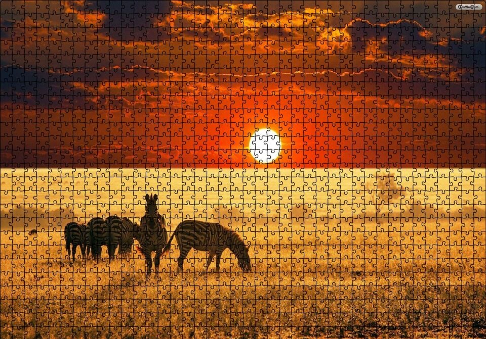Afrikada Gün Batımındaki Zebralar Puzzle Yapboz MDF Ahşap 1000 Parça 49 cm X 68 cm