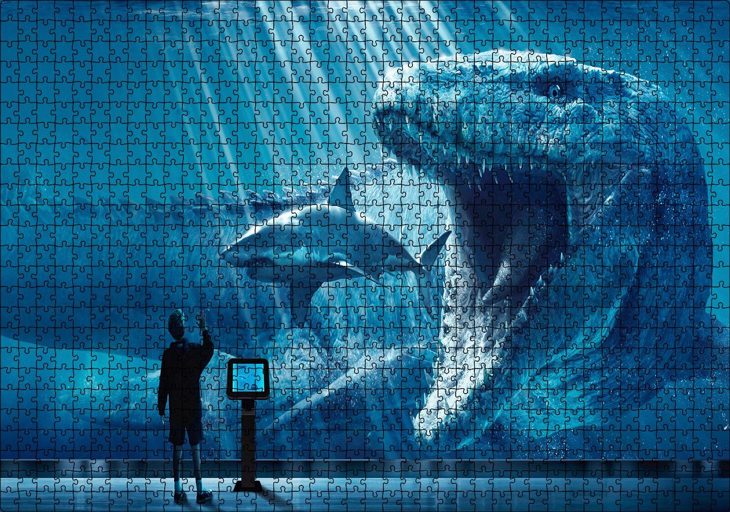 Megalodon Büyük Beyaz Köpek Balığı ve İnsan Puzzle Yapboz MDF Ahşap 1000 Parça 49 cm X 68 cm