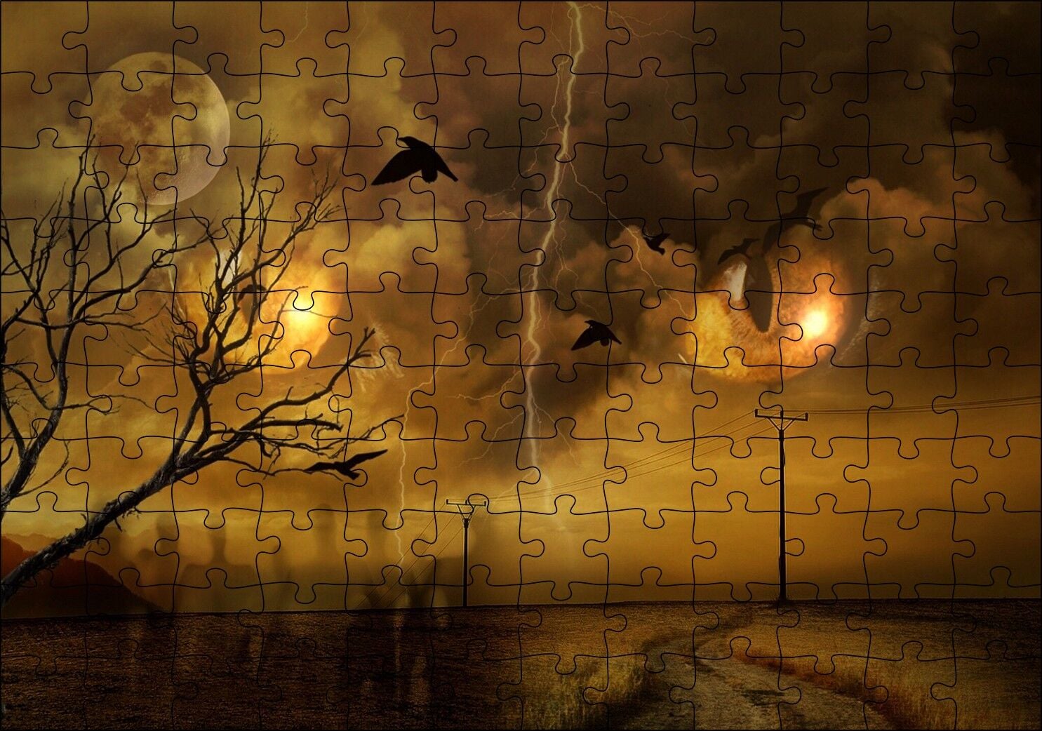 Kedi Gözleri Bulutlar Şimşekler Dolunay ve Kargalar Puzzle Yapboz MDF Ahşap 120 Parça 24 cm X 34 cm