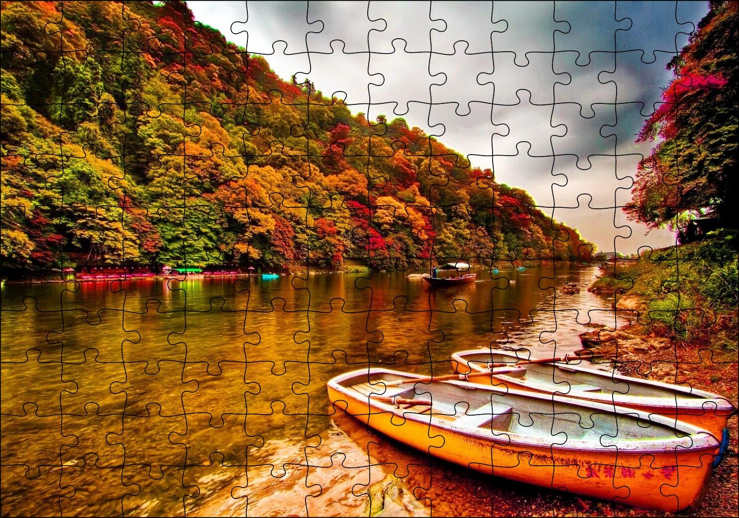 Sonbahar Renklerinde Orman ve Nehirde Kayıklar Puzzle Yapboz MDF Ahşap