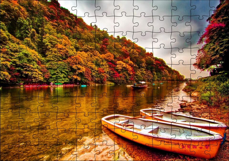 Sonbahar Renklerinde Orman ve Nehirde Kayıklar Puzzle Yapboz MDF Ahşap
