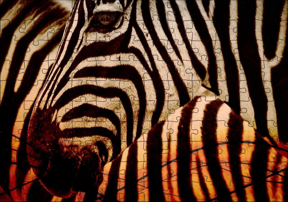 Günbatımında Zebra Desenleri Yakın Çekim Puzzle Yapboz MDF Ahşap 120 Parça 24 cm X 34 cm