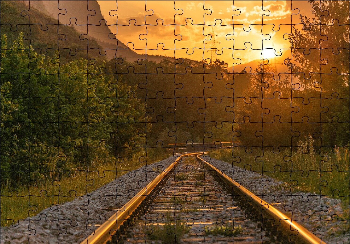 Günbatımında Parlayan Raylar Puzzle Yapboz MDF Ahşap