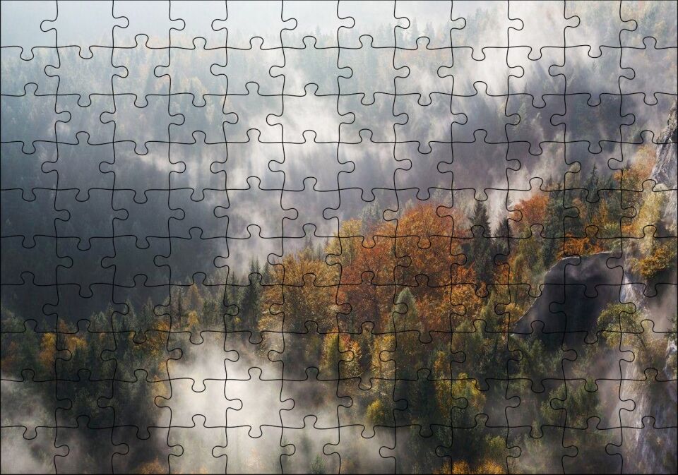 Sonbahar Renklerinde Orman ve Sisler Puzzle Yapboz MDF Ahşap