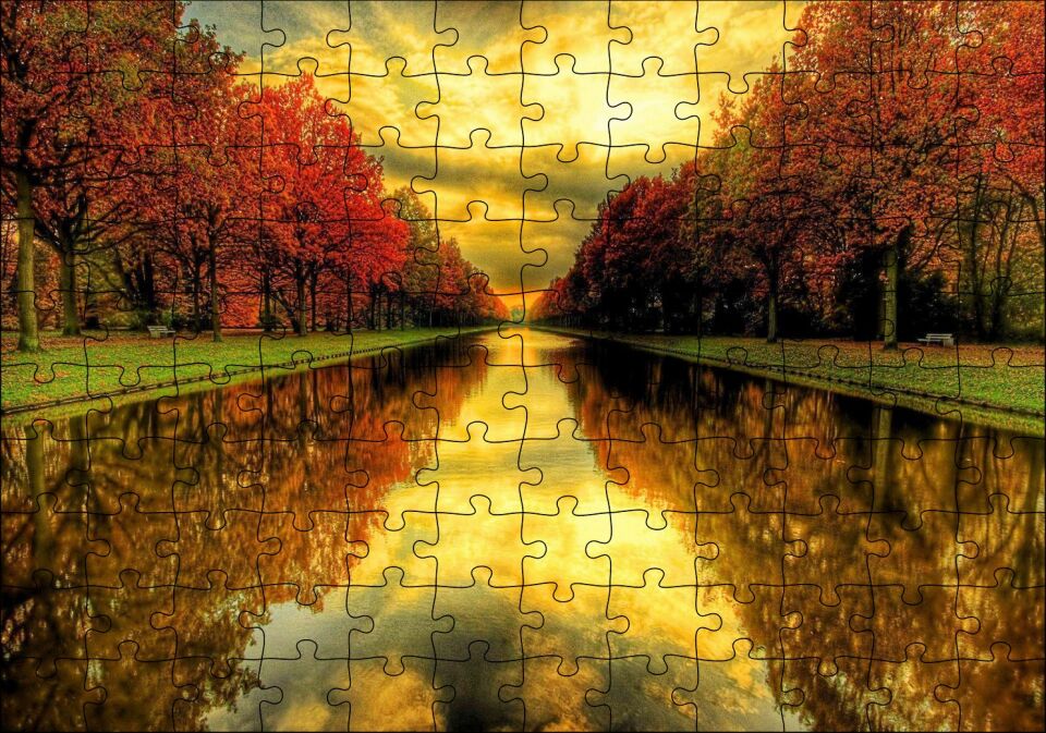 Sonbahar Renklerinde Orman ve Su Yolu Puzzle Yapboz MDF Ahşap