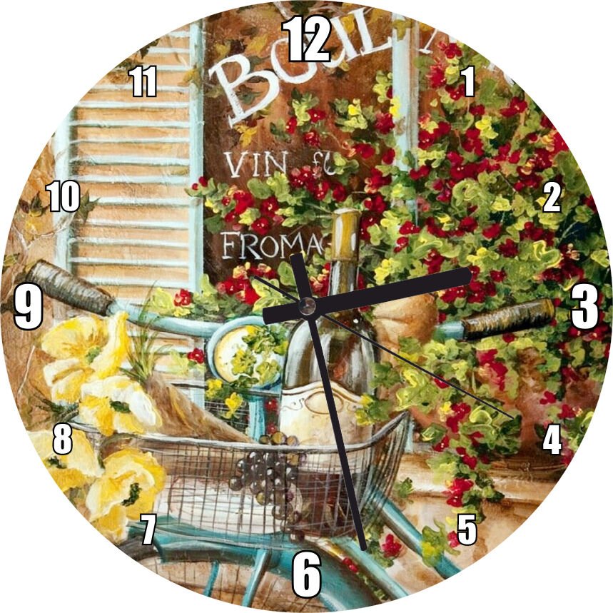 Bisiklet Sepetinde Şarap Meyveler ve Çiçekler  Mdf Ahşap Duvar Saati